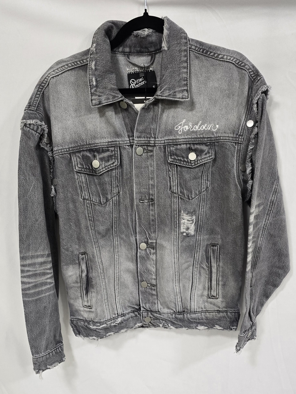 Lifted Anchors men S gray distressed denim‎ jacket grungecore street punk skate